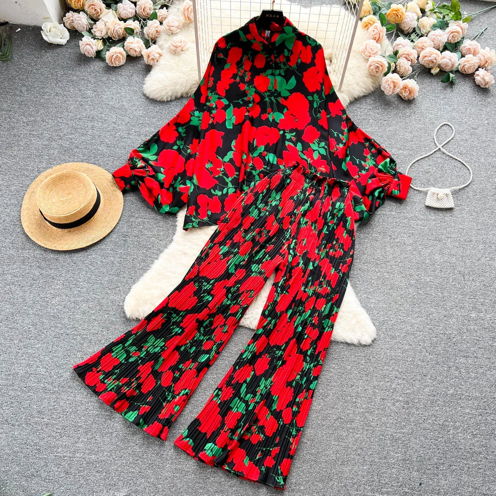 Fashion Elegant 2 Pieces Suit Women Design Sense Batwing Sleeve Shirt Tops + Loose Pleated Wide-leg Pants Female Clothes 2023