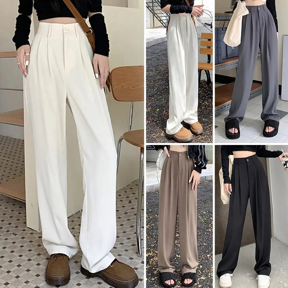 Women Wide Leg Dress Pants High Waist Button Zipper Fly Casual Trousers With Pockets Solid Color Office Lady Long Pants Workwear