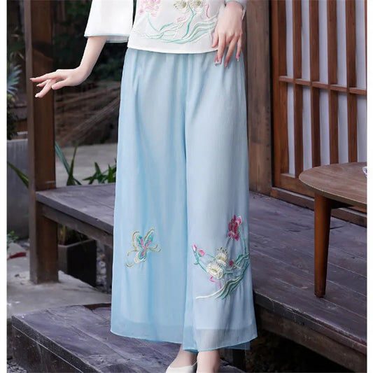 Spring Chiffon Embroidery Wide Leg Pants Woman Clothing High Waist Fashion Tang Dress Skirt Pants Female Vintage Chinese Style