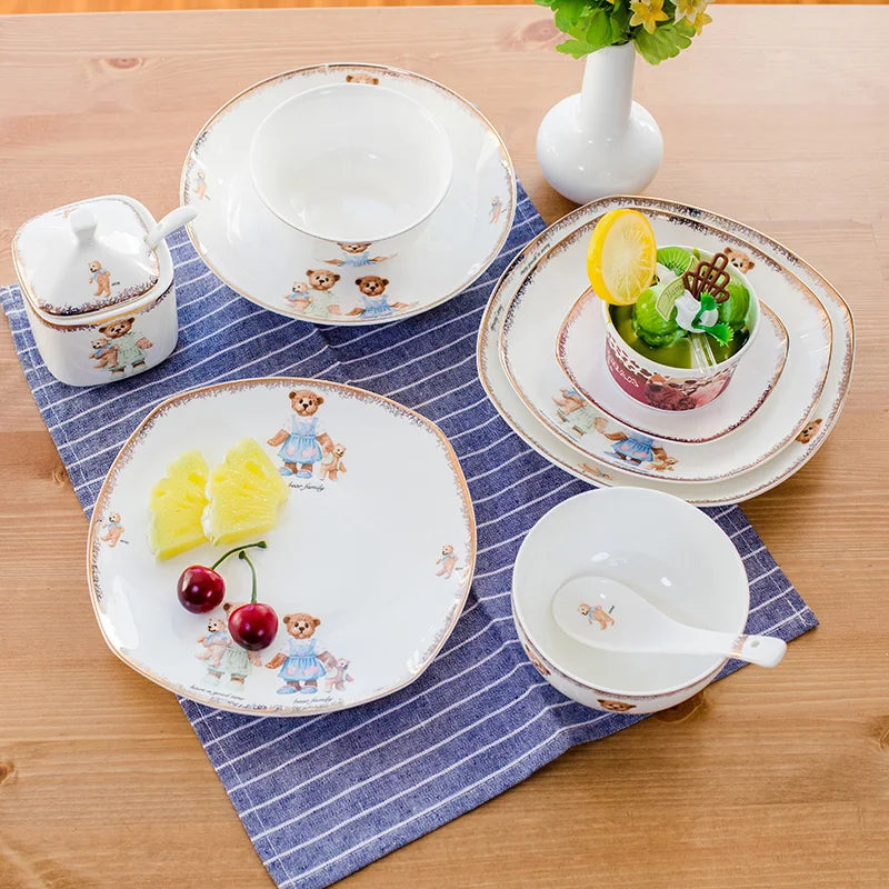 25pcs Set, Real Bone China Dinnerware Set, Cute Bear Painting, Dinner Chafing Dish Plate, Ceramice Kitchen Food Containers Serve