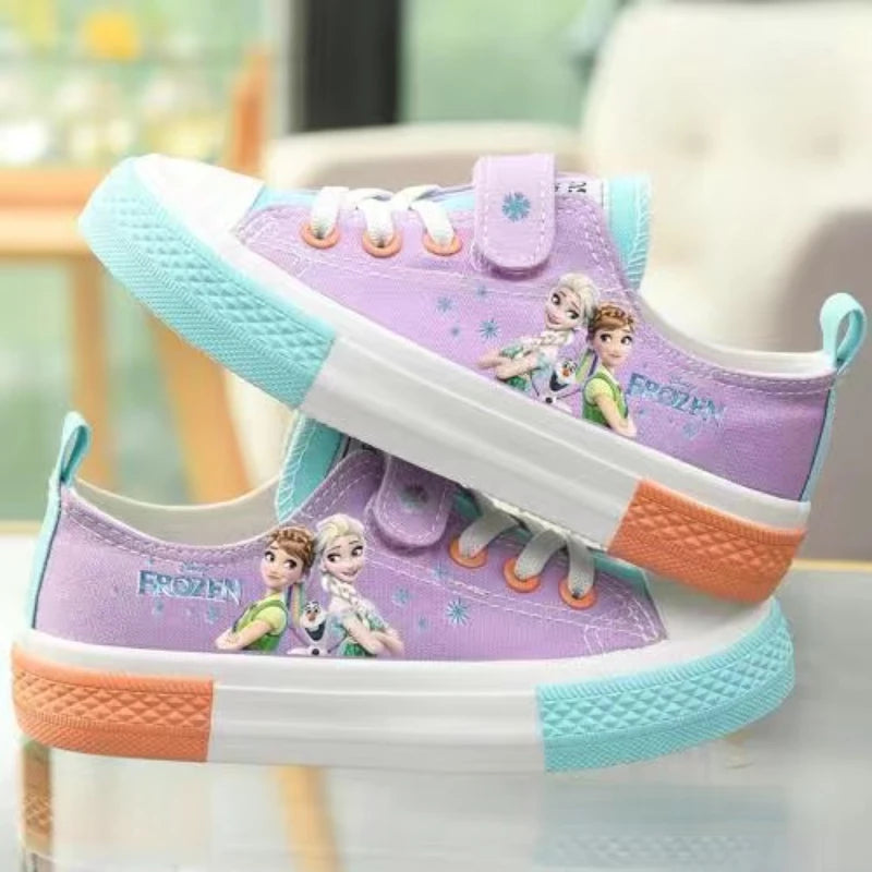 Disney Cartoon Kids Mickey Frozen Elsa and Anna Princess Canvas Shoes Girls Boys Minnie Shoelace Soft Casual Shoes Size 24-37