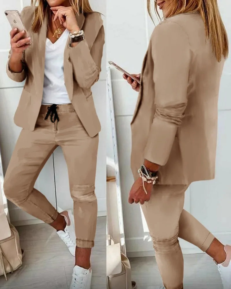 Women's Suit 2-piece Jacket + Pants Sets 2022 Autumn New Fashion Casual Turn-down Collar Long Sleeve Blazer Set Office Lady