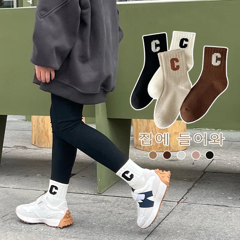 4 Pairs/Lot Autumn Winter High Elastic Simple Children Socks Korean Cotton Letter Solid Color Alphabet Boys Girls Socks 1-12 Y