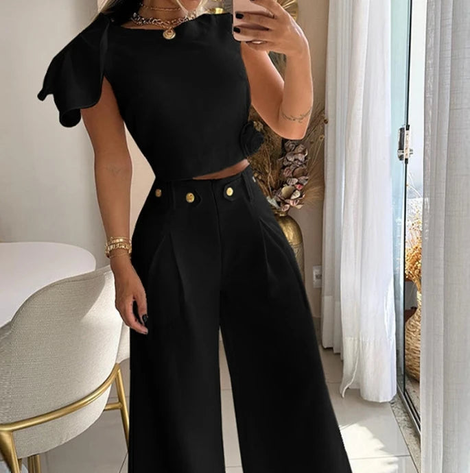 New Two Pieces Sets Women Outfit Solid Color Sleeveless T Shirt and Button Decor Wide Leg Pant Casual Suits Female Clothing