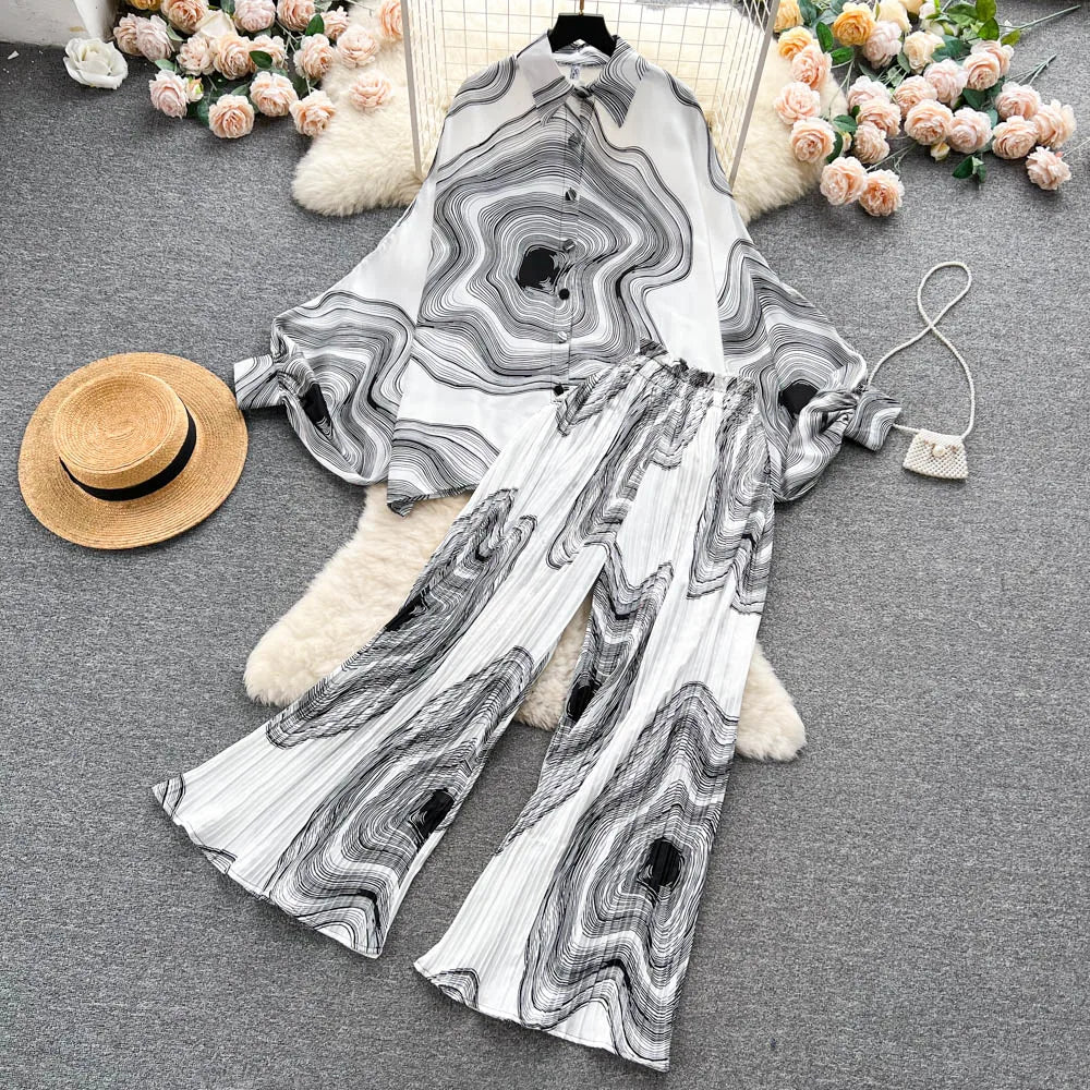 Fashion Elegant 2 Pieces Suit Women Design Sense Batwing Sleeve Shirt Tops + Loose Pleated Wide-leg Pants Female Clothes 2023