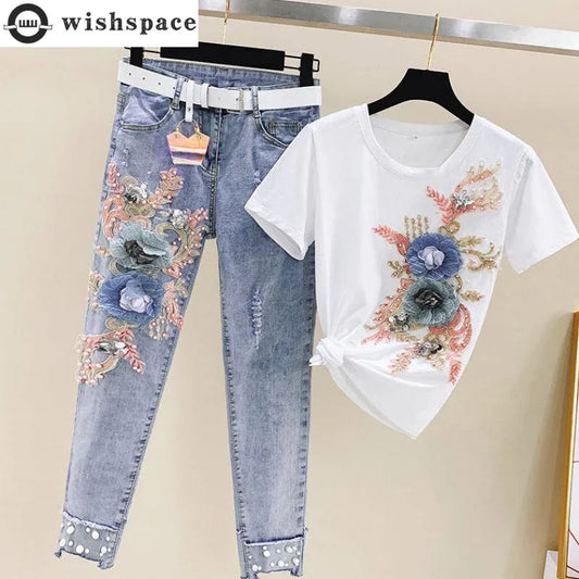 Fashion Women's Suit 2023 Spring and Summer New Style Embroidered Short-sleeved Top Age Reducing Jeans Two-piece Set