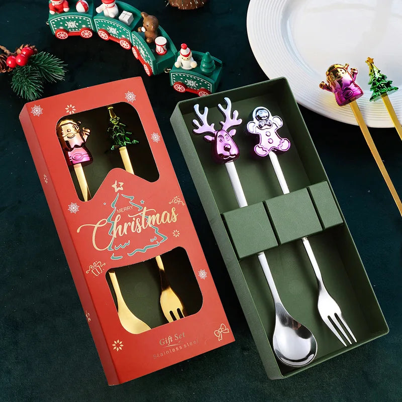 Christmas Spoon Fork Tableware Set Cartoon Coffee Spoon Fruit Fork Christmas Tree Elk Spoon Holiday Decoration Christmas Gift