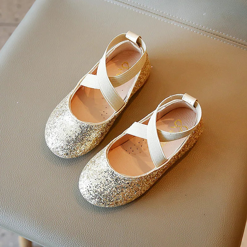 Princess Glitter Leather Girls Shoes Soft Comfortable Shiny Sequined Kids Shoes Sweet Wedding Dress Party Flats Mary Jane Shoes