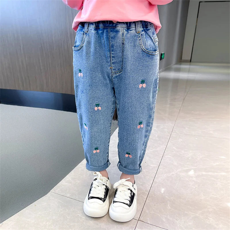 Girls Pants Long Trousers Cotton 2024 Cherry Spring Autumn Teenagers Baby's Kids Pants Outdoor Teenagers Children's Clothing