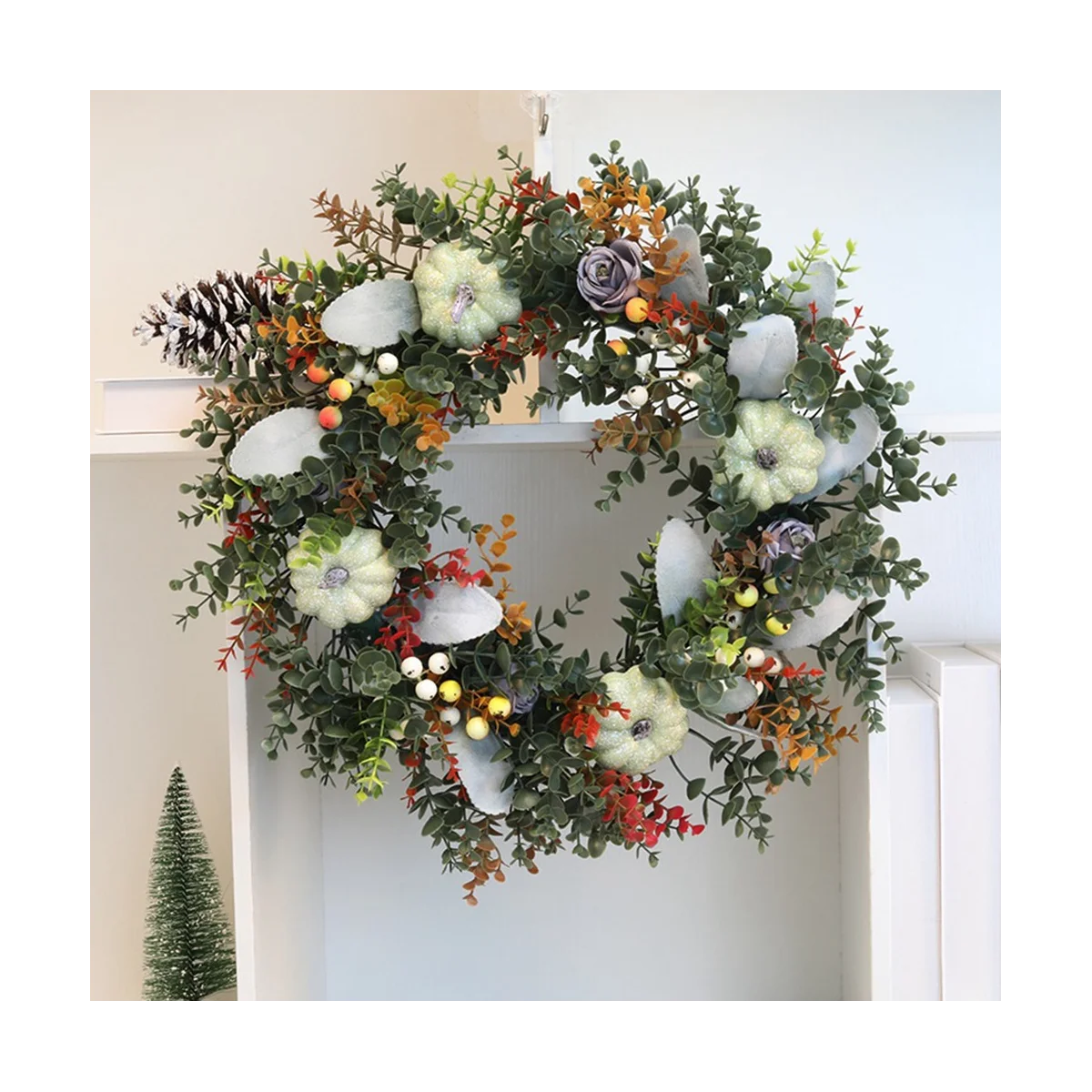 White Pumpkins Ranunculus Wreath Fall Decor for Front Door, Handmade Hydrangea Big White Pumpkin Wreath