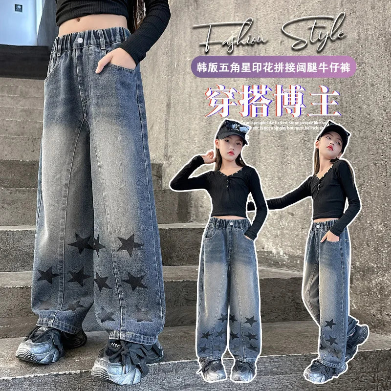 Teens Girls School Children Trousers Five-Pointed Star Design Casual Loose Jeans for Kids Elastic Waist Fashion Straight Pants