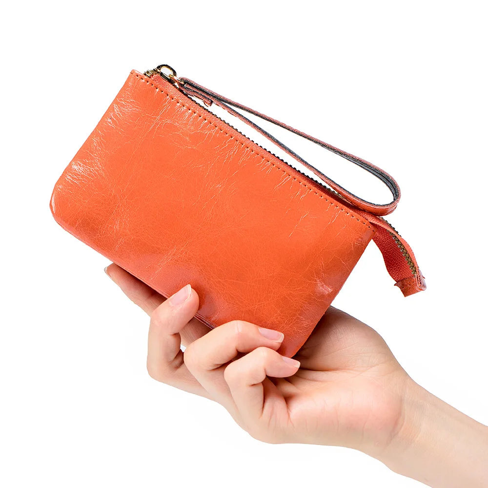 Wallets for Women Double Pockets Coin Purses Oil Wax Leather Clutch Bags 2023 New Ladies Money Credit Card Holder Short Wallet