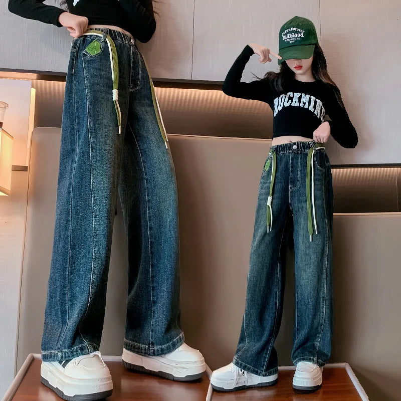 Teenage Girls Wide Leg Jeans Autumn School Kids Straight Pants Blue Loose All-match Denim Trousers for Children Clothing 4-14Yrs