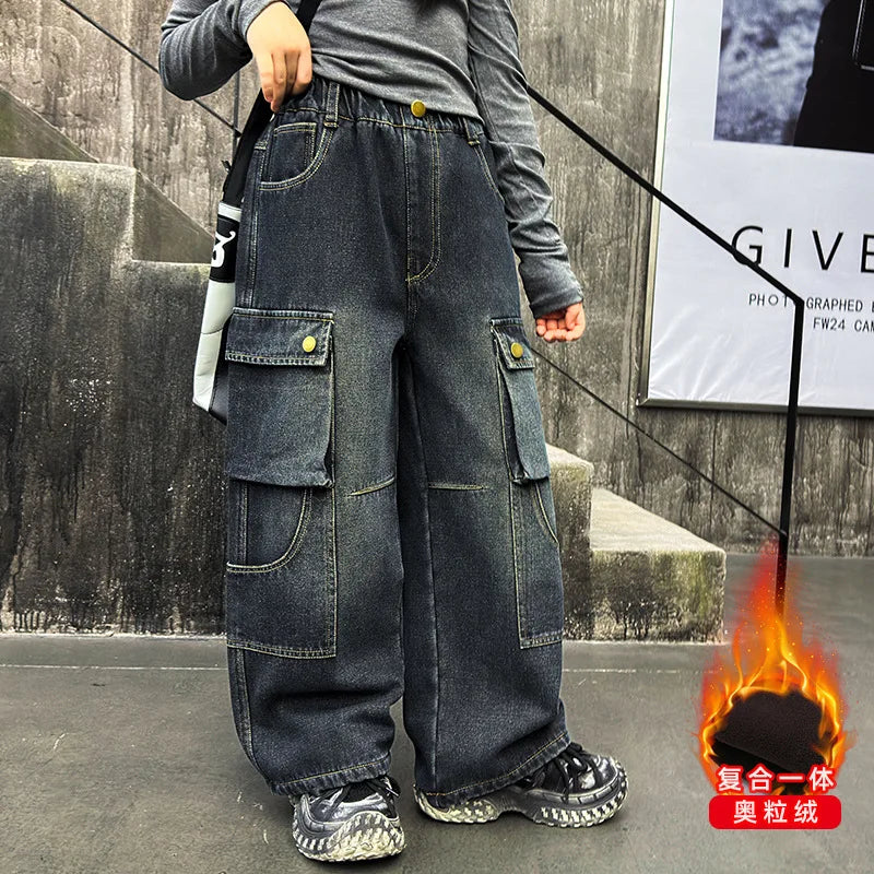 Winter Warm Children Cargo Jeans Pants For Girl Fashion Streetwear Kids Thick Retro Denim Trousers Teens Street Wide Leg Pants