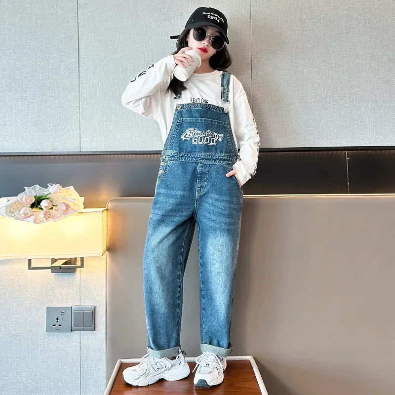 Spring Autumn Girl Jeans Overalls Teens Denim Rompers Children Denim Jumpsuits Jeans Pants for Kids Overalls 6 8 10 12 14 Years