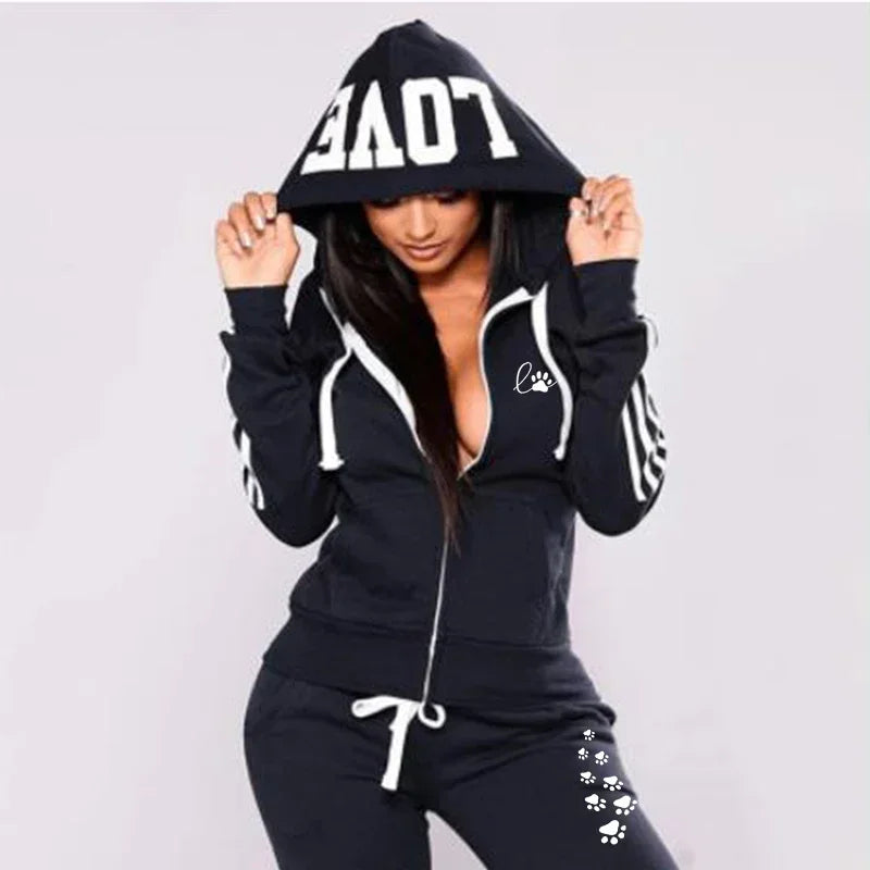 Spring Autumn Women's Casual Stripe Print Zipper Sweater+Sports Pants 2PCS Sets Ladies Sportswear Jogging Suit Outfits