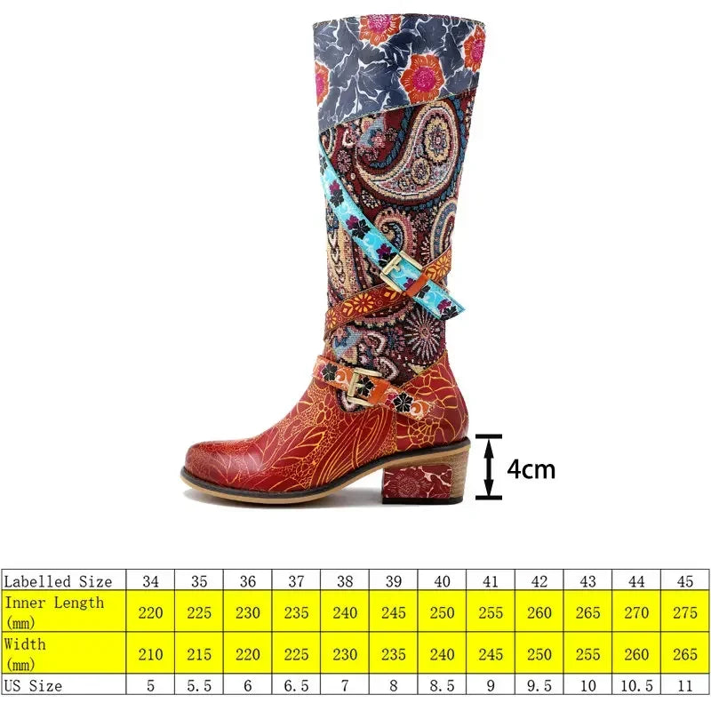 Koznoy 4cm Cotton Fabric Genuine Leather Autumn Spring Ankle Knee High Boots Woman Buckle Ladies Chunky Heels Plus Size Shoes