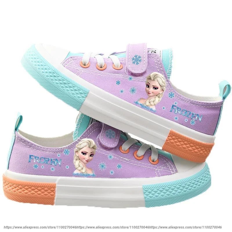 Disney Cartoon Kids Mickey Frozen Elsa and Anna Princess Canvas Shoes Girls Boys Minnie Shoelace Soft Casual Shoes Size 24-37