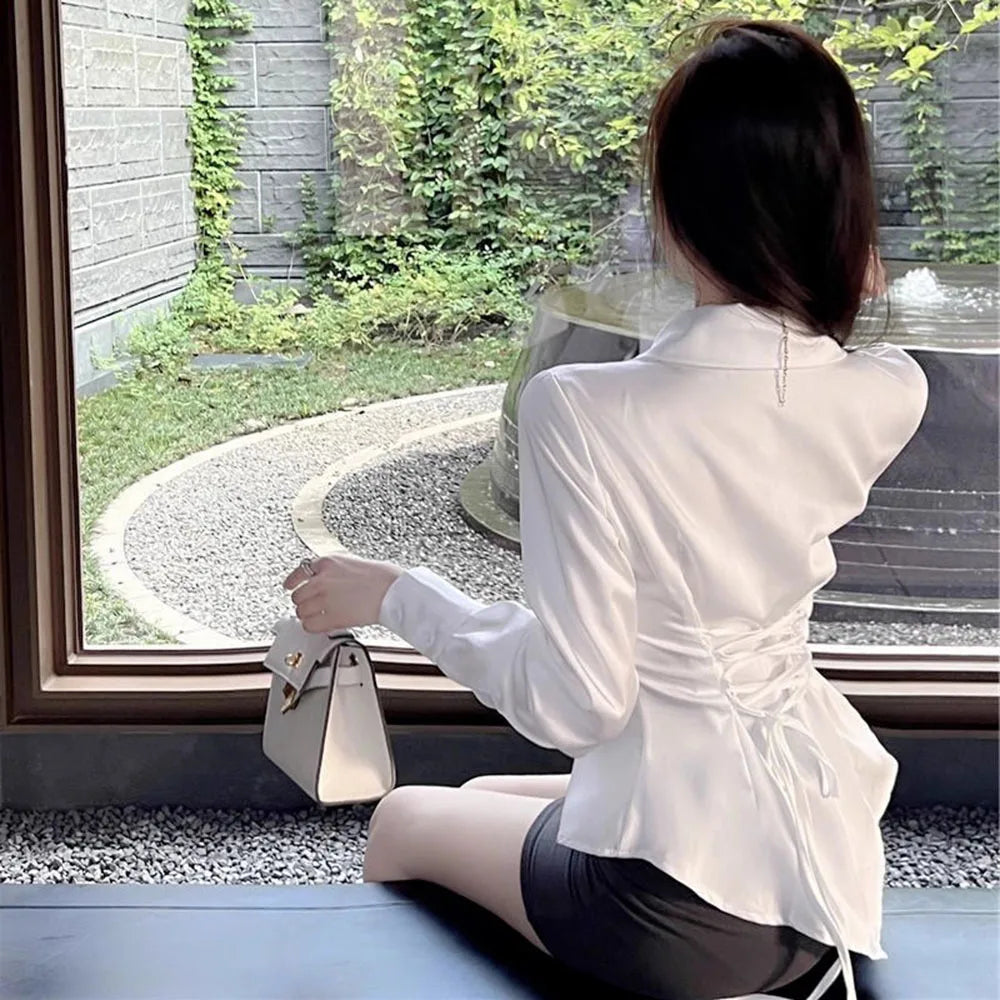 2024 Autumn Long Sleeve White Shirt Tops Women's Fashion Slim Blouses Ladies French Style Elegant Chic Back Lace-up Shirts Blusa
