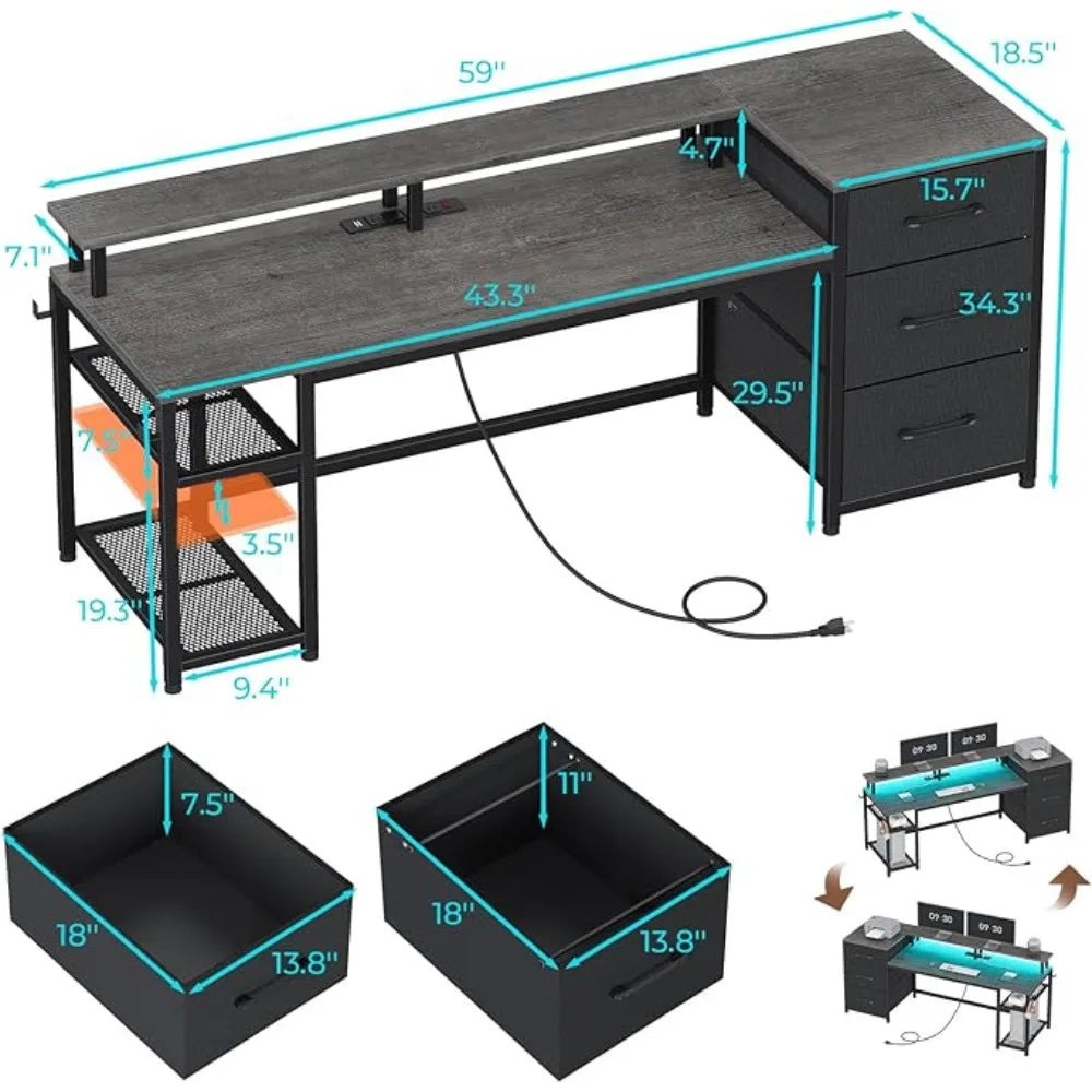 59" Office Desk with Drawers, Reversible Computer Desk with File Drawers & Storage, Gaming Desk with LED Lights & Power Outlet