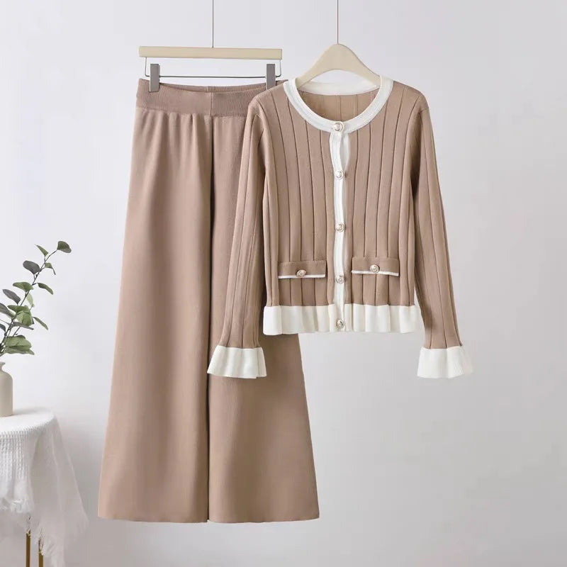 Knitted Suit Pants Fashion Button Fungus Edge Sweater + Wide Leg Pants Two-piece Set Autumn and Winter