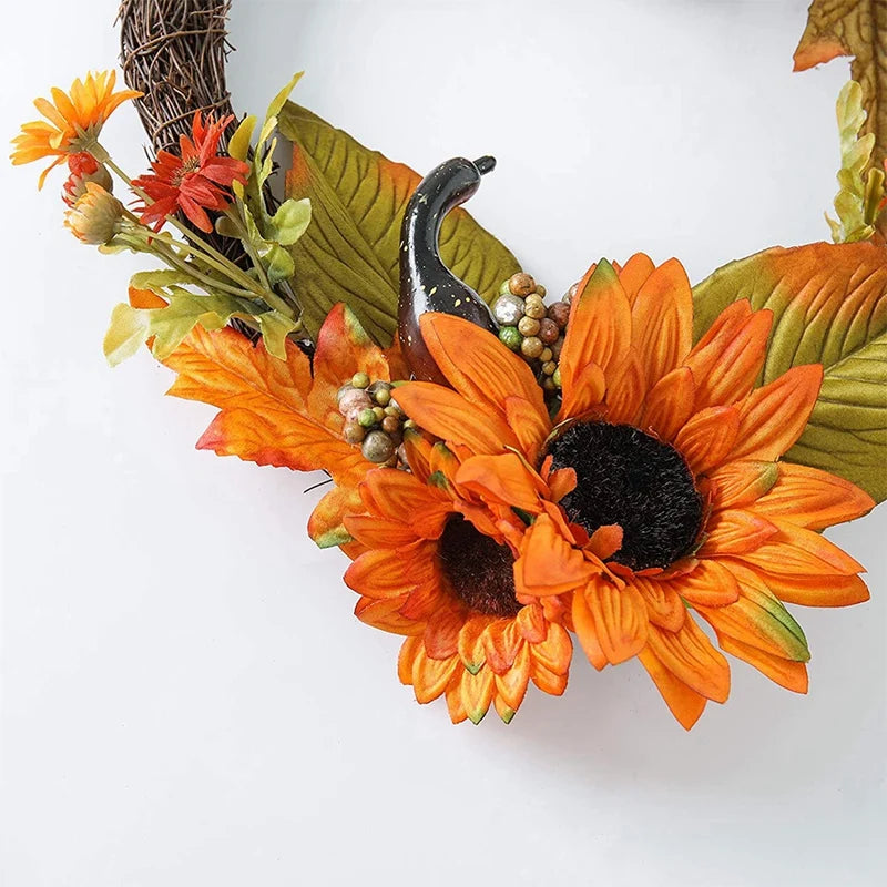 Artificial Fall Wreath For Front Door Porch, Autumn Wreath With Heart Shaped Sunflower Pumpkin Gourd Maple Leaves