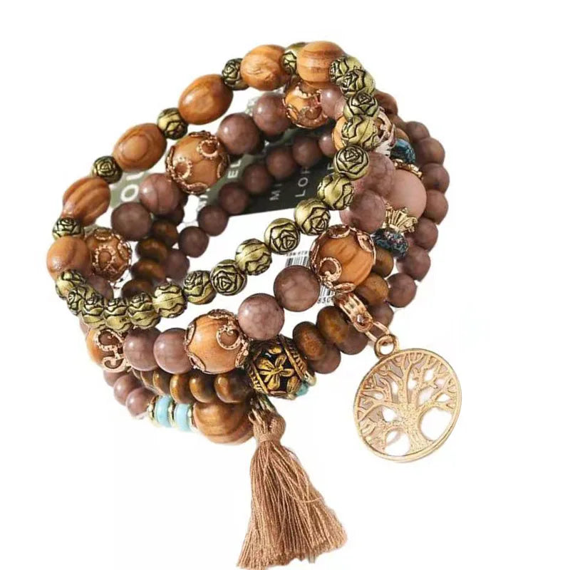 WYBU new bohemian bracelet creative ladies tree of life jewelry tassel multi-layer wooden beaded ethnic style fashion bracelet