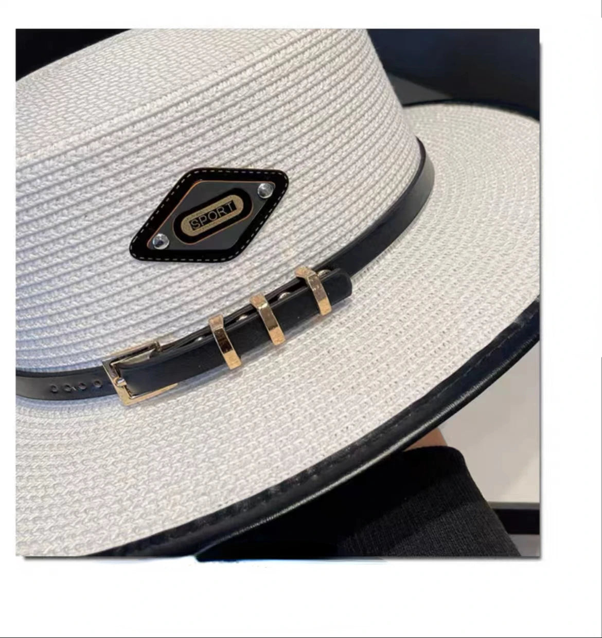 Designer Brand Flat Top Hat Leather Buckle Women's Sun Summer All-in-one Style Holiday Ladies Straw Sun Protection Caps for Men