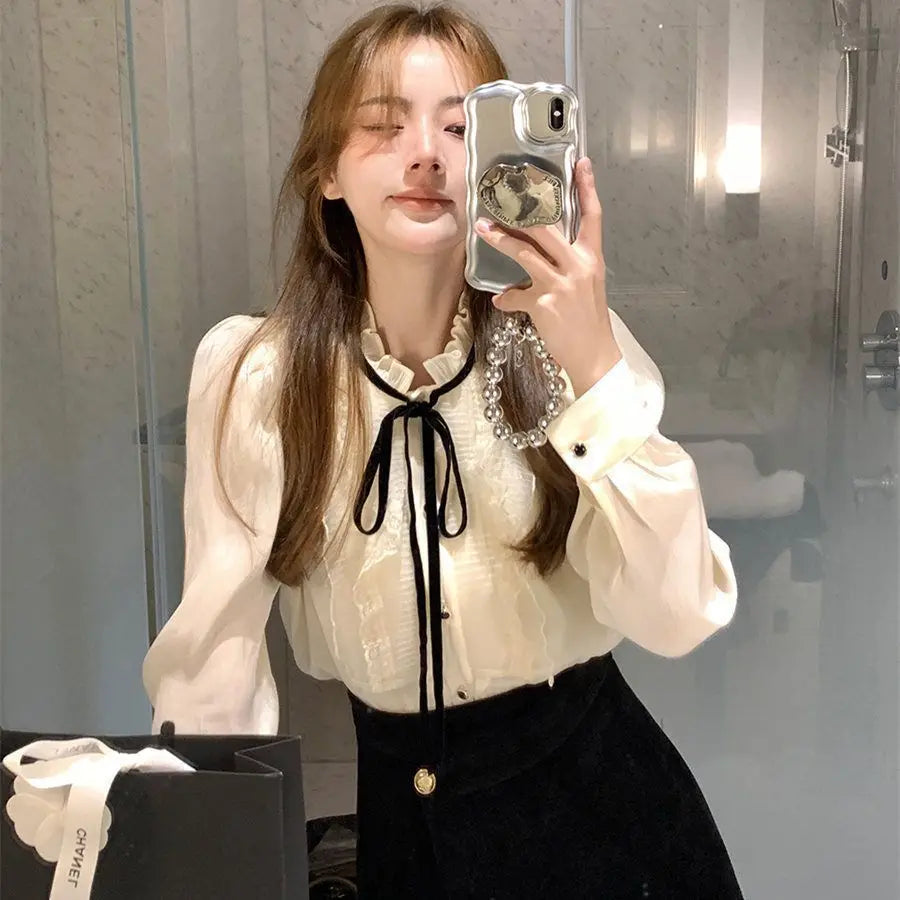 Women Spring Autumn Style Chiffon Blouses Shirts Lady Casual Long Sleeve Bow Tie Collar Solid Color Blusas Tops 2024 Ladies S35