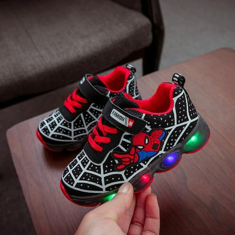 Disney 2023 New Glowing Sneakers Spiderman for Boys Girls Anime Fashion Kids Shoes Led Light Up Breathable Sports Running Shoes