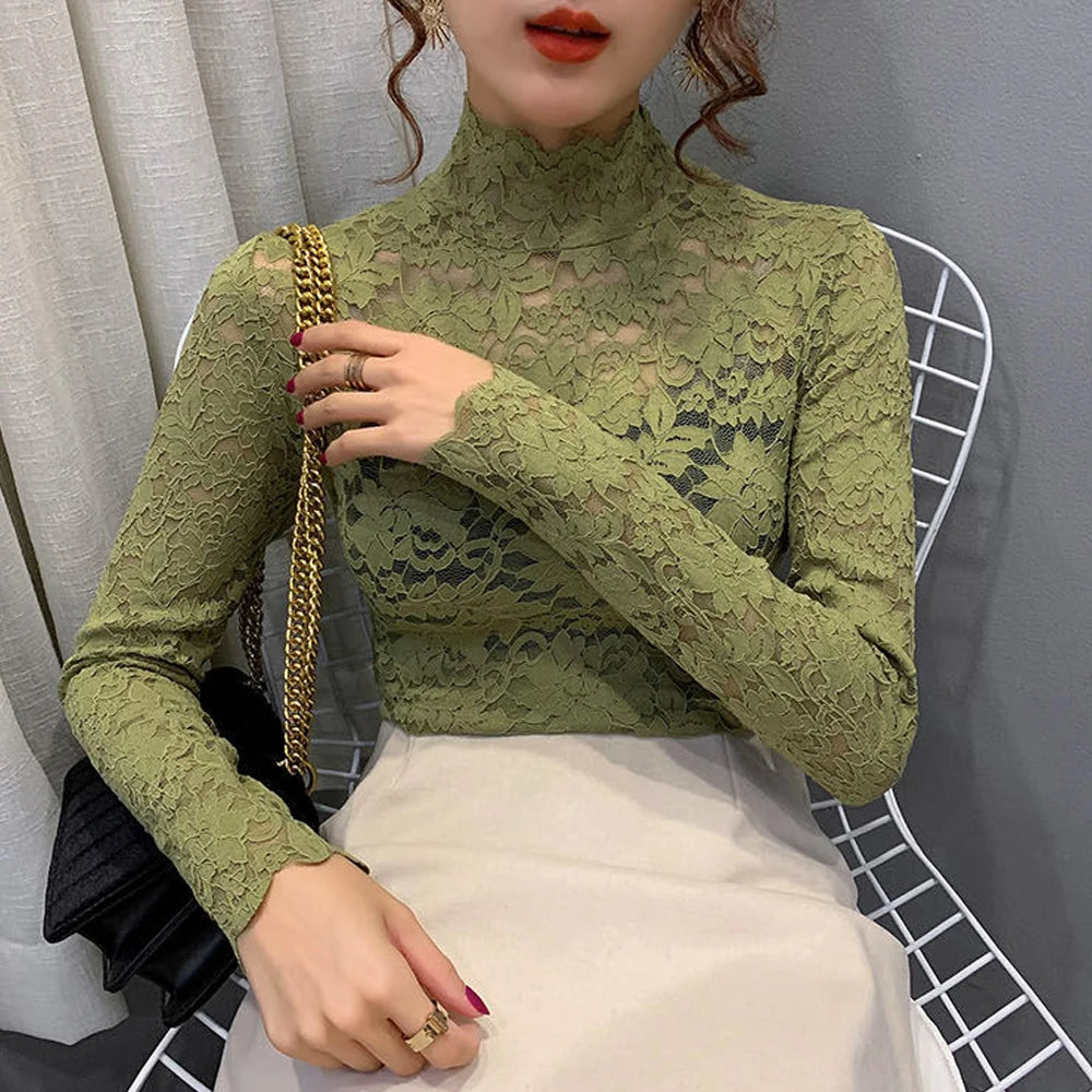 New Flower Lace Elastic T Shirt Women Turtleneck Petal Sleeve Blouse Office Ladies Stretch Tee Female Bottoming Blouses Tops