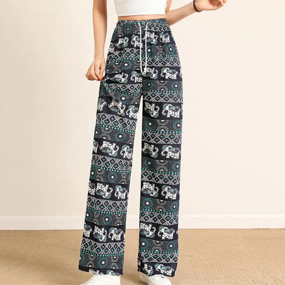 Retro Elephant Print Straight Wide Leg Pants Long Pants Thin Lady Slacks Soft Sweat Absorbing Oversized Casual Pants Loose Pants