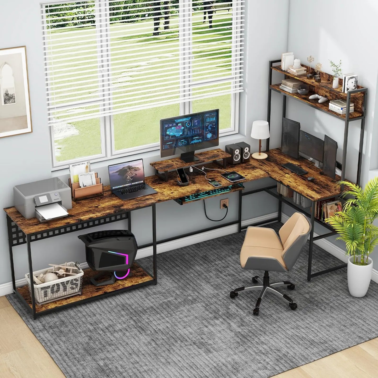 Vabches Computer Desk with Monitor Stand&LED Light Reversible Gaming Desk with Charging Station&Storage Shelves for Home Office