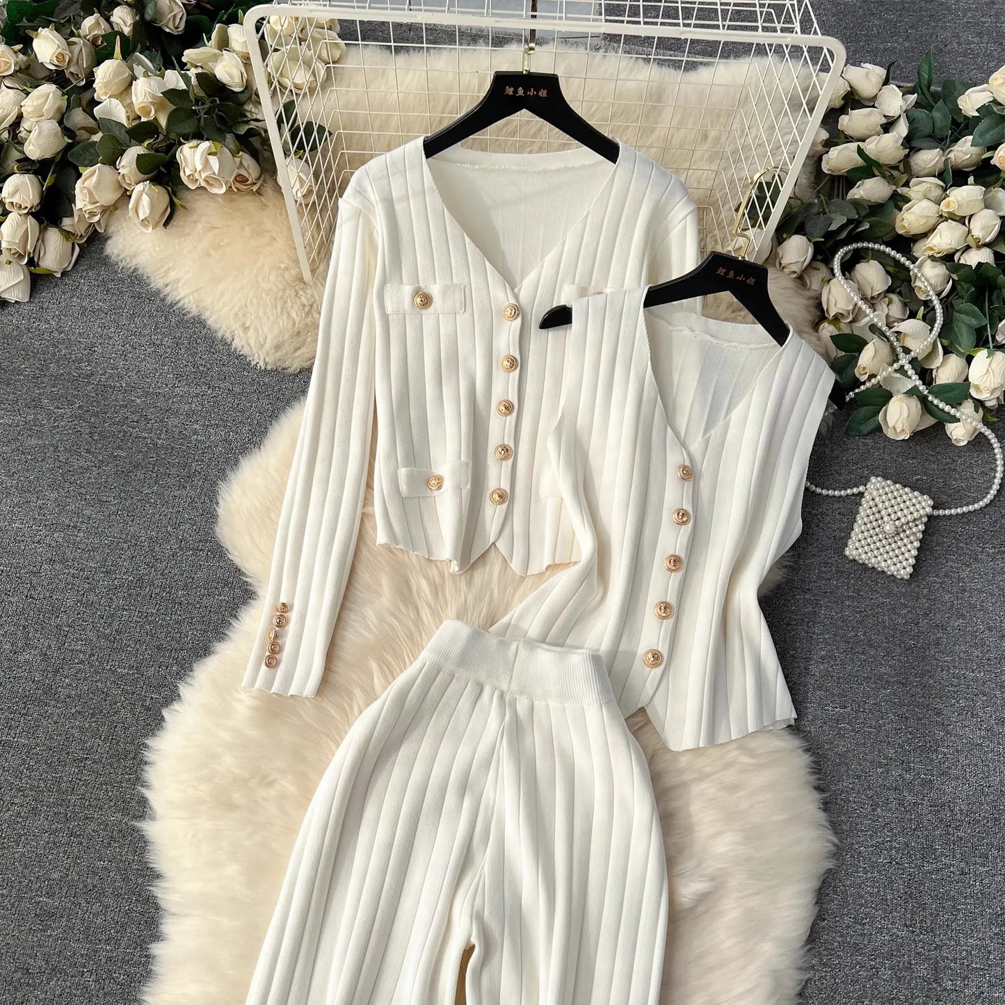 Stylish Slim Fit 3 Piece Pant Sets Women Knitted Cardigan + Vest + Wide Leg Pants Matching Sets Elegant Vintage Pant Suits 2024