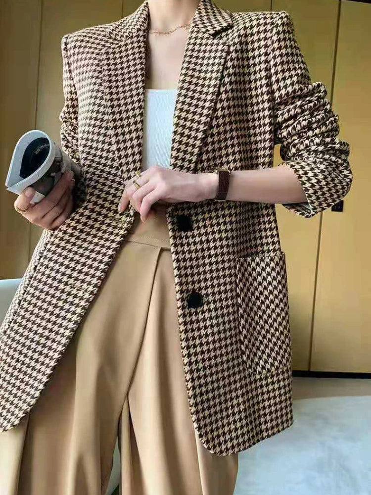 Korean Fashion Coats Chic Elegant Woman Jacket Autumn New In Office Lady Casual Plaid Belt Oversize Blazer Women Clothing