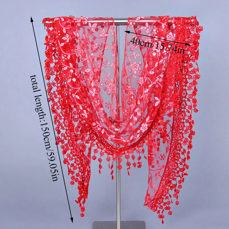 Fashion Elegant Ladies Floral Lace Triangle Scarf Shawl Korean Lace Tassel Sheer Neckerchief Holiday Lady Veils Scarf Headscarf