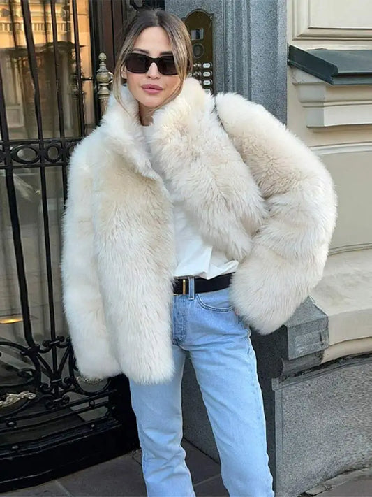 2024 Fashion Oversized Stand Collar Furry Fur Coat Women Luxury White Long Flare Sleeve Faux Jacket Autumn Winter Lady Outerwear