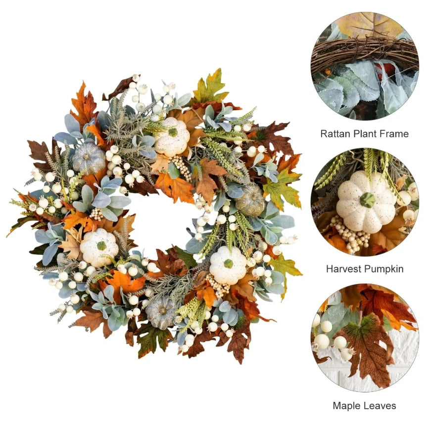 45cm Fall Wreaths for Front Door Autumn Maples Leaf Pumpkin Pine Cone Berry Wreath for Thanksgiving Farmhouse Fall Decorations