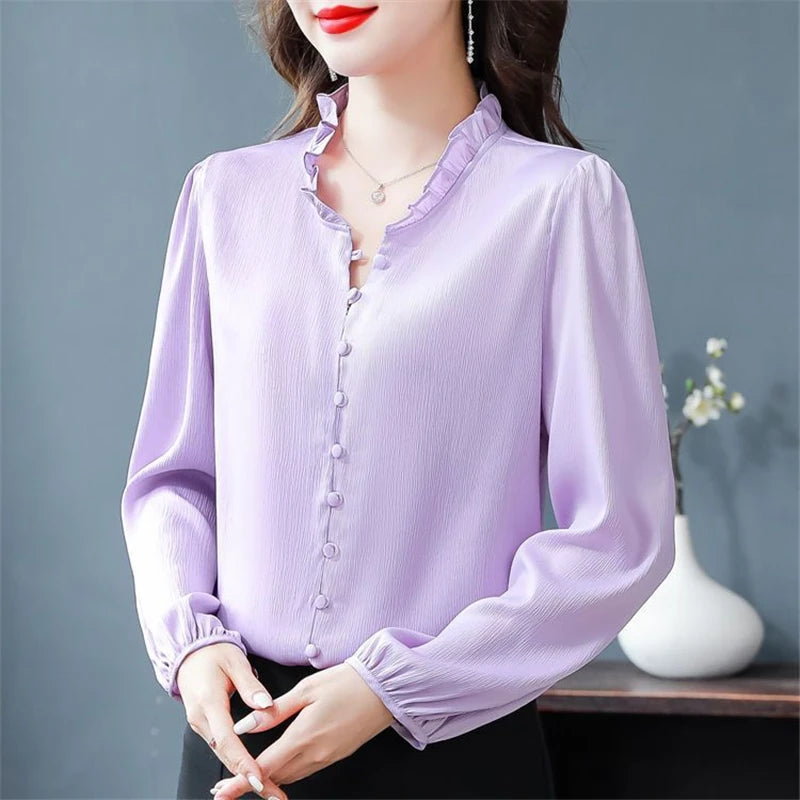 Women's High Quality Silk Ruffled Elegant Blouse Korean Fashion Solid Slim Office Lady Casual Shirt Long Sleeve Chic Tops Blusas