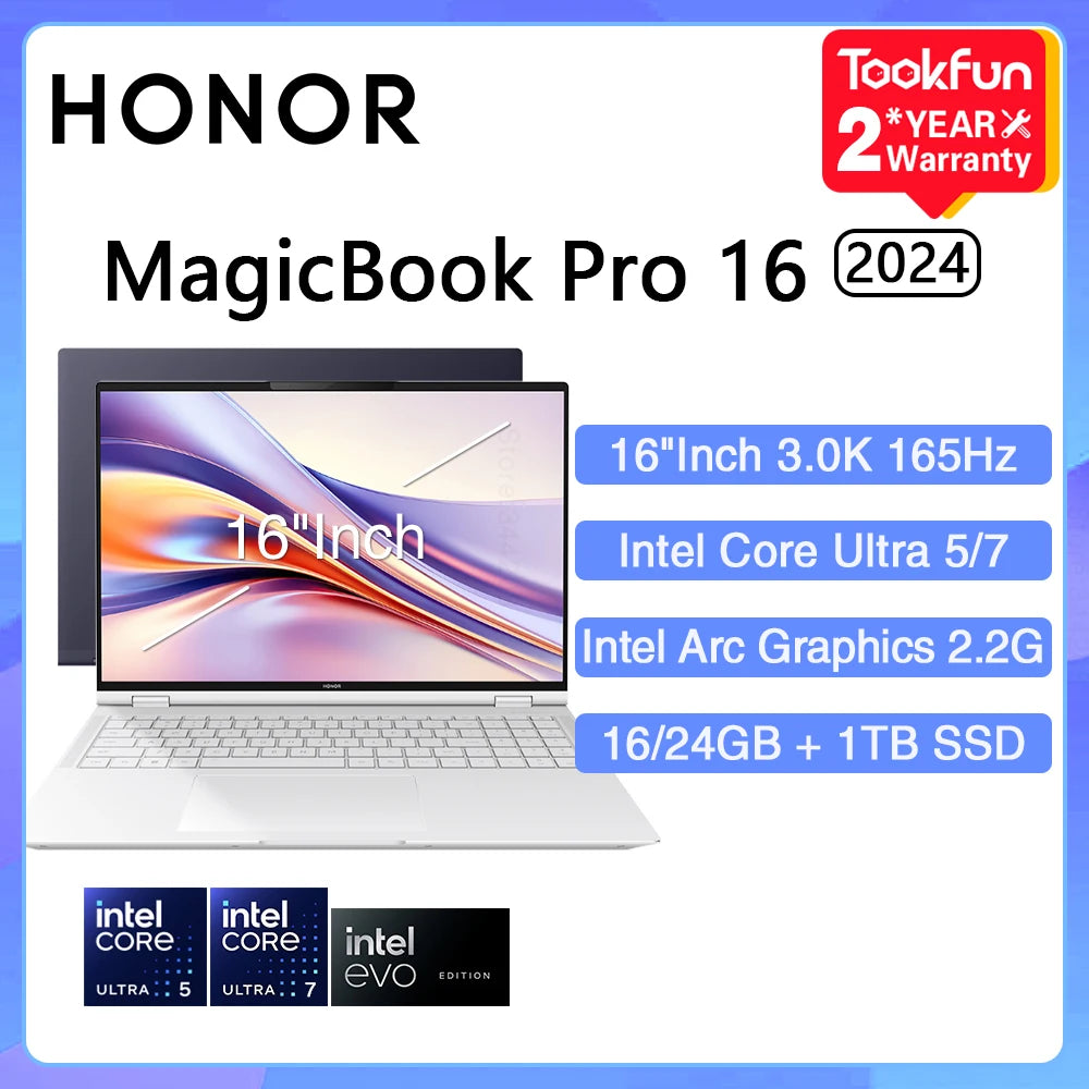 HONOR MagicBook Pro 16 2024 Laptop Intel Ultra 5 125H Arc graphics 16 24GB 1TB 16" Inch 3K 165Hz Notebook Ultrabook Computer PC