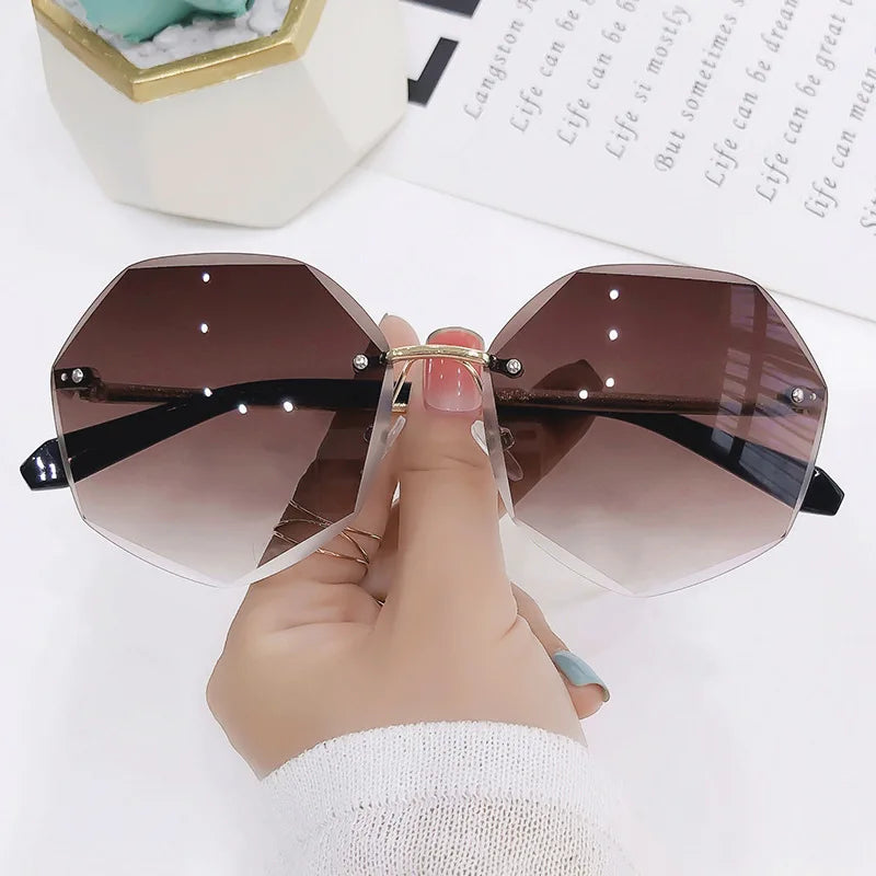 Octagonal Rimless Sunglasses Women's Retro Metallic Sun Glasses UV Protection New Fashion Cutting Lens Eyewear UV400 Sun Glasses