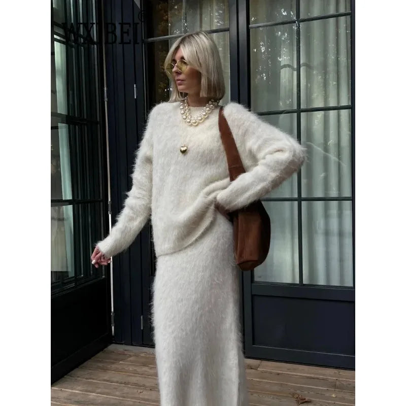 Loose Mohair Knit Skirt 2 Piece Set Women Chic Long Sleeve Solid Long Skirt Suit Lady Female Autumn Winter Warm Sweater Outfit