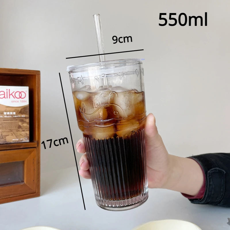 1pc 600ml Stripe Glass Cup with Lid and Straw Transparent Drinking Glasses for Juice Iced Coffee Water Cup Outdoor Drinkware Mug