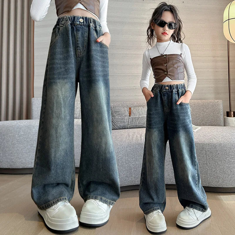 Girl Pocket Bow Embroidery Jeans New Teenage Children Wide Leg Denim Pants for Kids Loose Trousers Spring Autumn 4 -14 Years