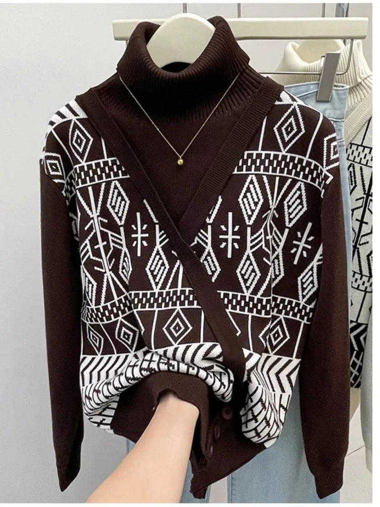 Plus Size Autumn Turtleneck Sweater Tops Women Geometric Print Fashion Irregular Patchwork Ladies Sweaters Loose Woman Sweater