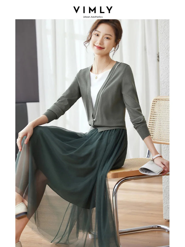 Vimly Chic Elegant Autumn Sweater Two Piece Skirt Sets Women 2023 Long Sleeve Knitted Tops Gauze Midi Skirt Suit Women's Outfits