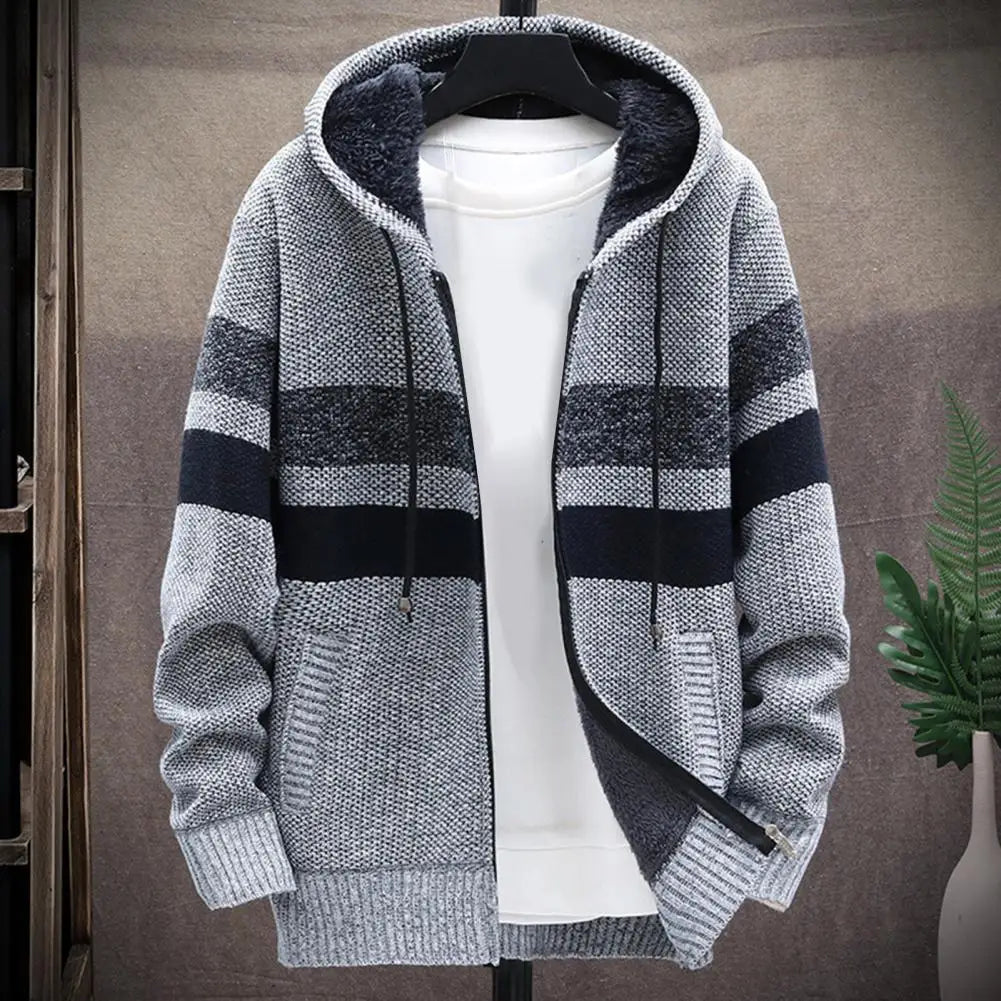 Men‘s Hooded Cardigan Knitted Sweater Winter Thick Fleece Warm Casual Knitwear Coat Solid Color Cardigan Men Winter Sweater