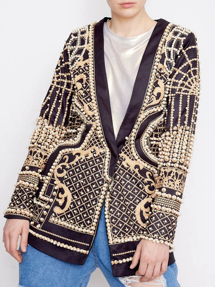 Vintage Commuter Blazer Coat Women's 2023 Fall/Winter High Quality Bead Printed V-Neck Thickened Mid-Length Fashion Show Jacket