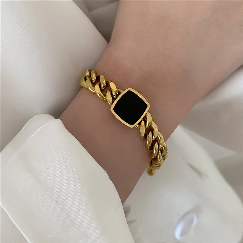 Stainless Steel Gold Color Bracelet Ladies Hip Hop Thick Chain Black Square Bracelet for Woman Man Fashion Bracelet Wholesale