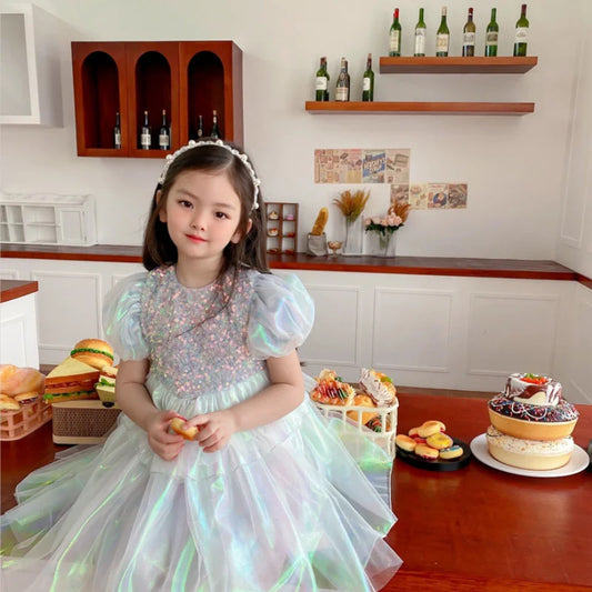 Children Princess Dress Girls Sequin Puff Sleeve Tutu Dress Child Girl Fashion Birthday Party Gown Kids Mesh Dress Summer 2-10Y